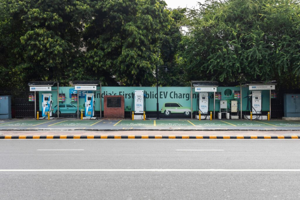 Electric vehicle charging station in New Delhi, EV infrastructure in the city centre