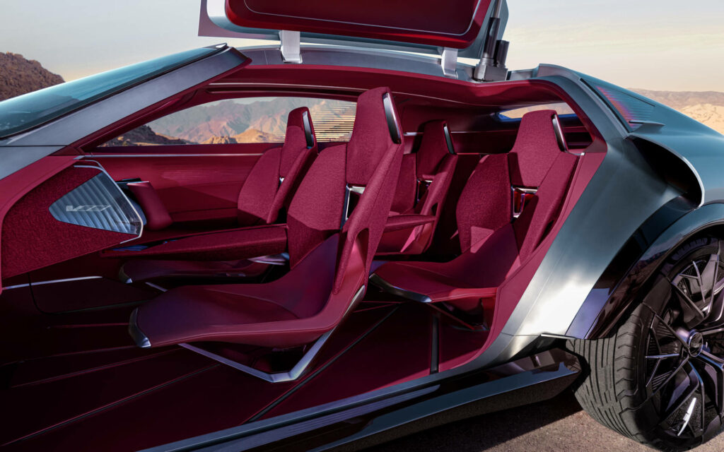 Interior of the Cadillac Elevated Velocity with red Nappa leather, immersive lighting and technological cockpit
