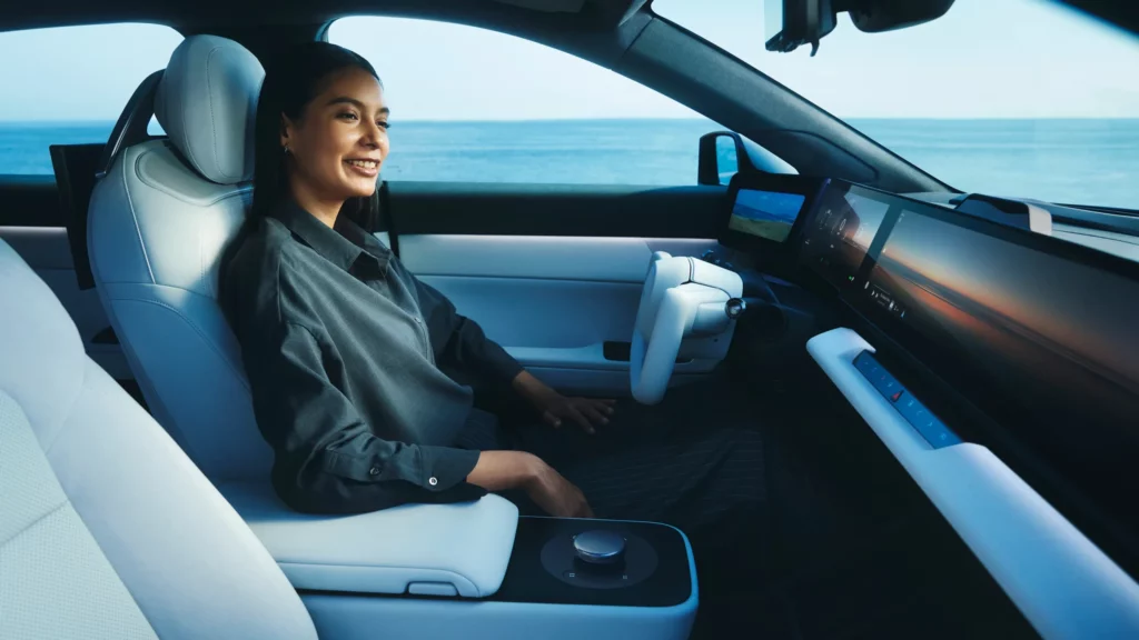 Interior of the Sony Afeela 1 electric car with a driver on board