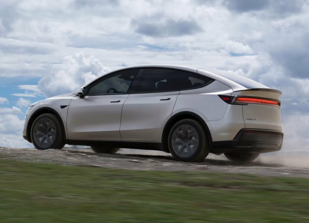 Tesla Model Y L long version with six seats, exterior view of the electric family SUV