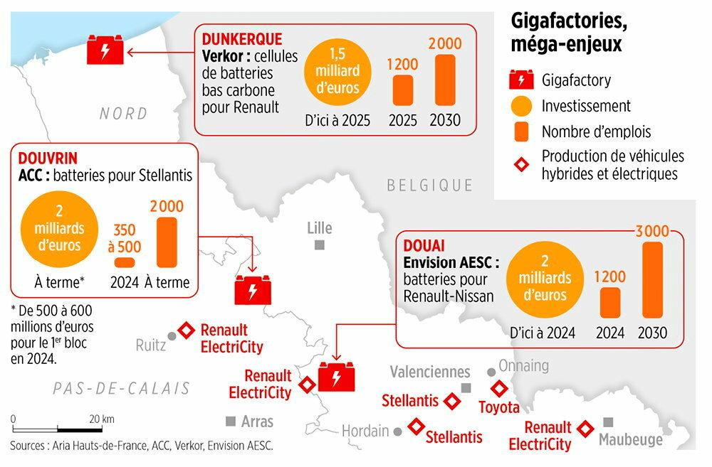 Map of France showing the locations of future electric battery gigafactories