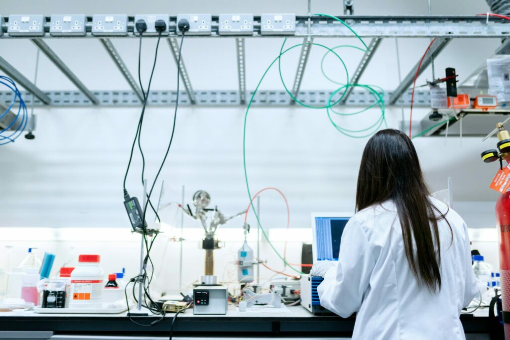 Scientist working in an electric battery research laboratory.