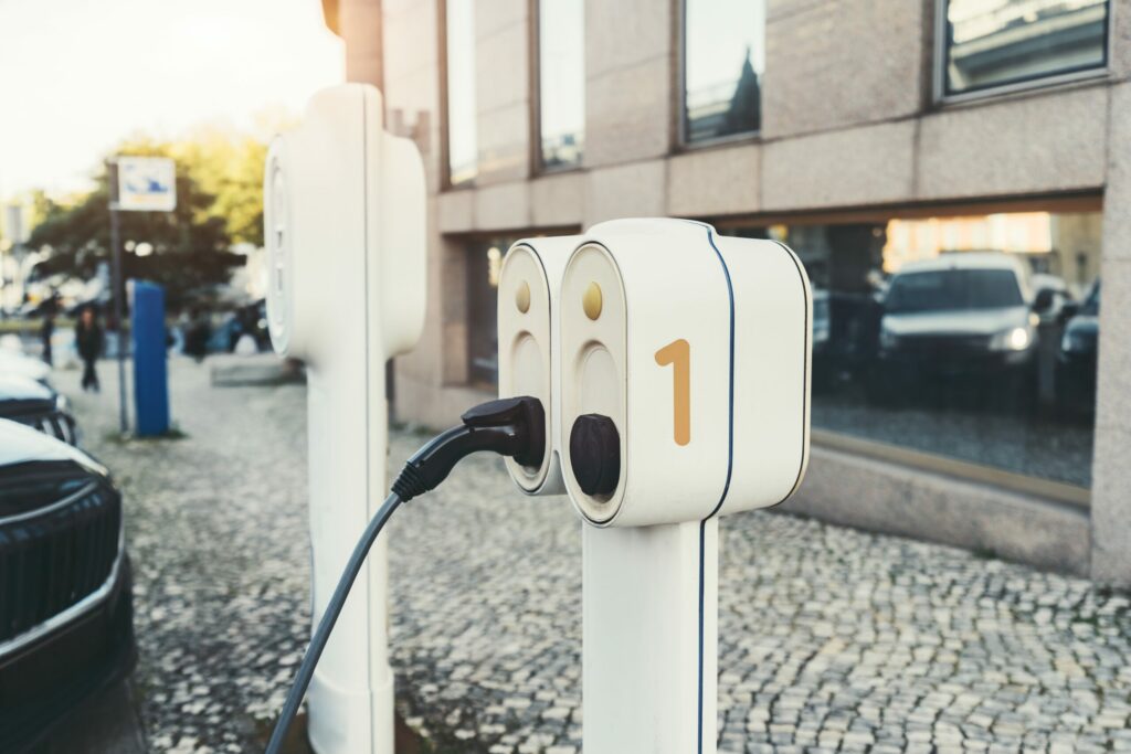 Fast charging stations for electric cars with power cabinets, study on fine particles in California