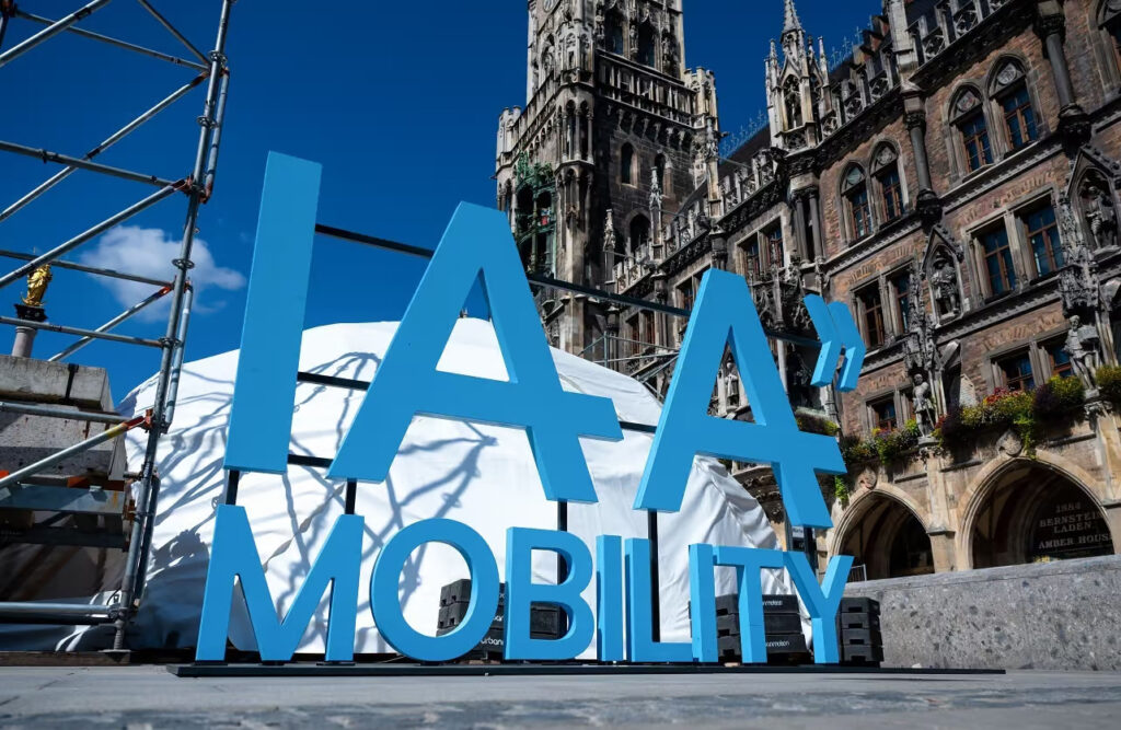 IAA Mobility 2025 logo installed outdoors on a central square in Munich