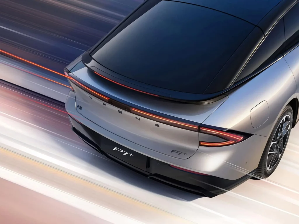 XPeng P7+ rear view with spacious boot, electric family saloon