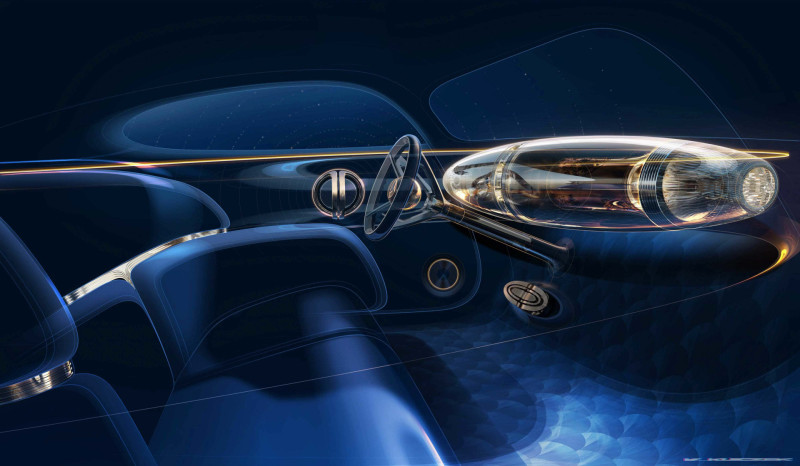 Interior of the Mercedes-Benz Vision Iconic with blue bench seat and mother-of-pearl trim