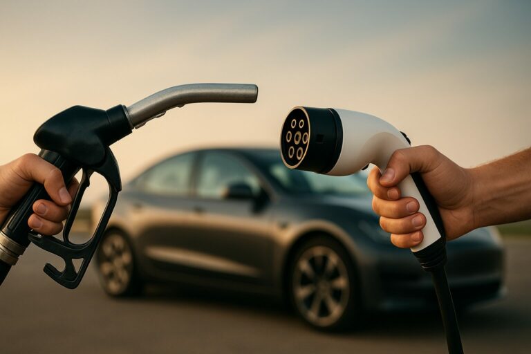 Duel entre pompe à essence et borne de recharge électrique pour voiture