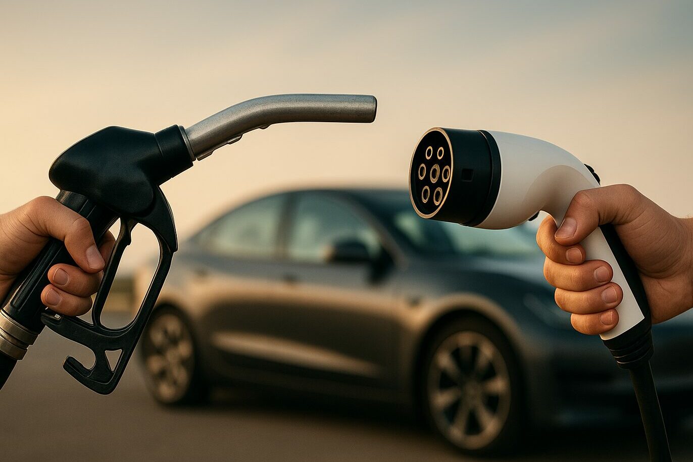 Duel between petrol pump and electric car charging point