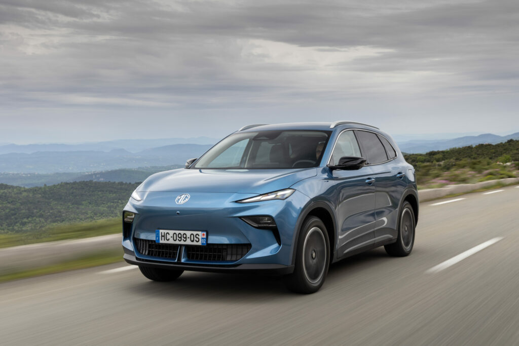 Electric MG S5 EV photographed in Nice in 2025, front and side views
