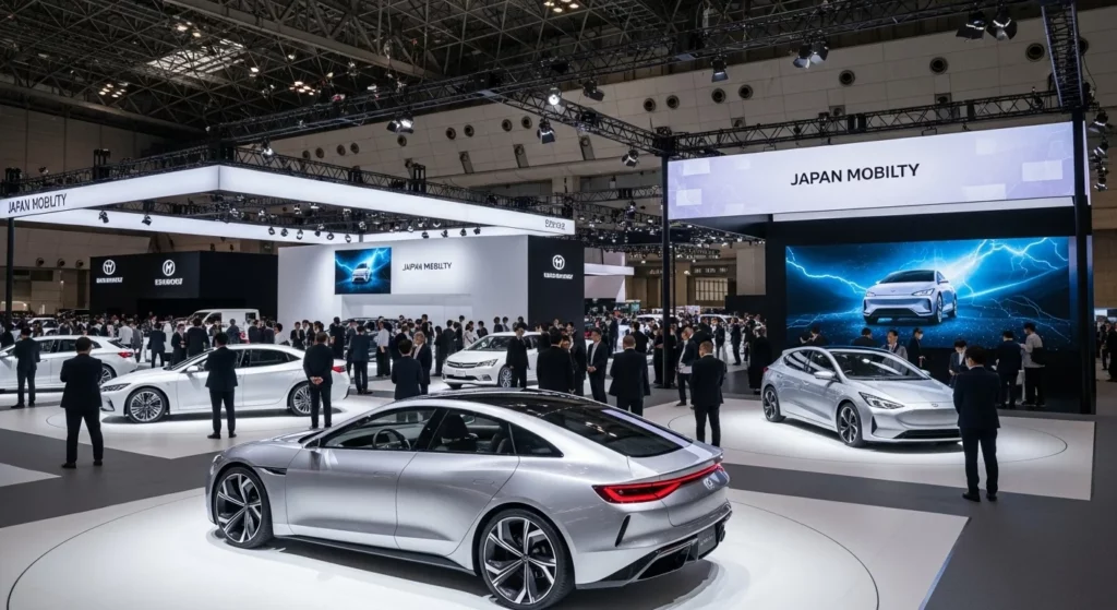 Vue intérieure du Japan Mobility Show 2025 avec expositions et visiteurs