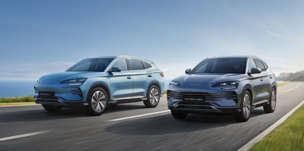 Two BYD Seal U, Chinese electric SUVs parked side by side