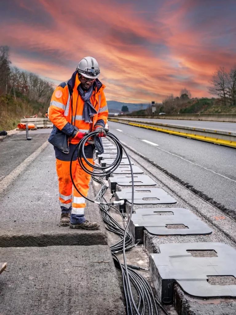 technician installing induction charging cables on motorways