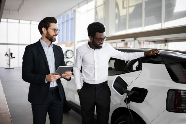 Homme observant une voiture électrique et recevant des conseils d’un vendeur