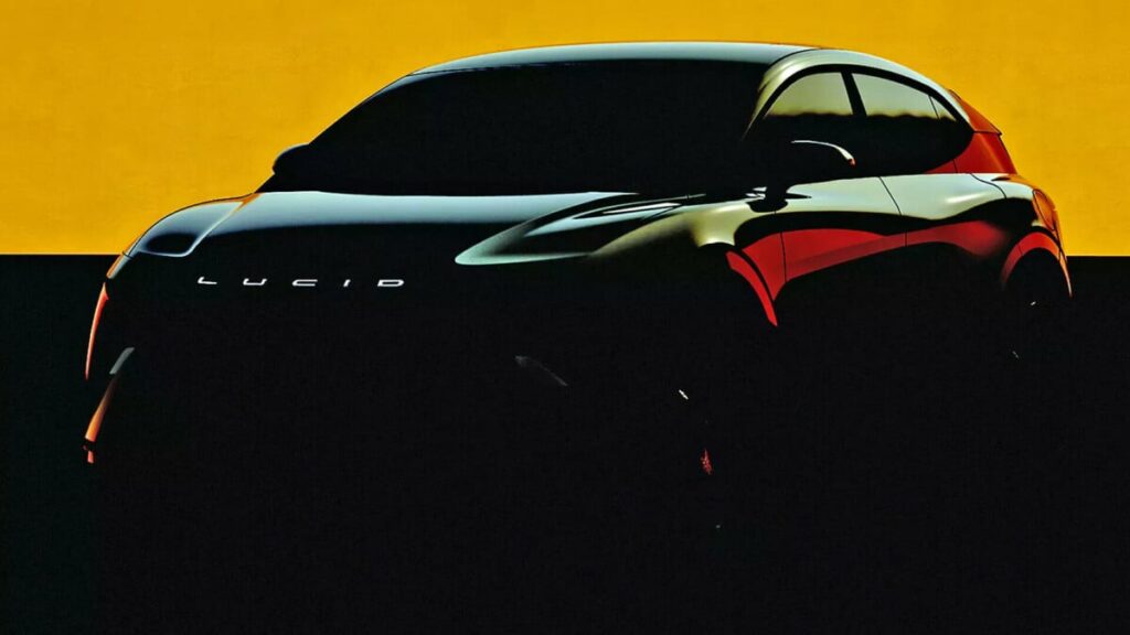 Close-up of the Lucid car with the logo visible, spotlight on the design and shadow