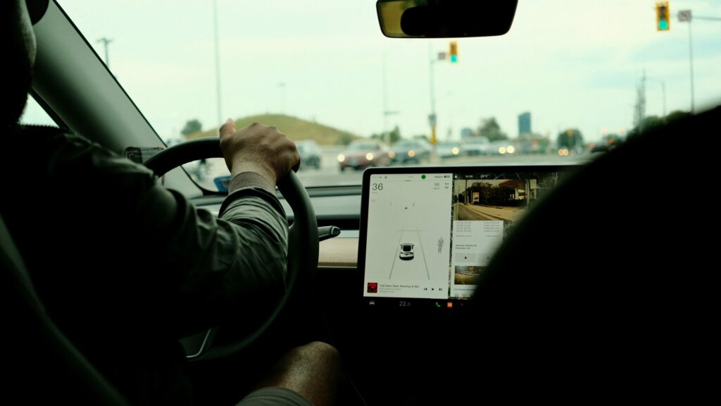 Taxi driver in a Tesla - view from the back seat