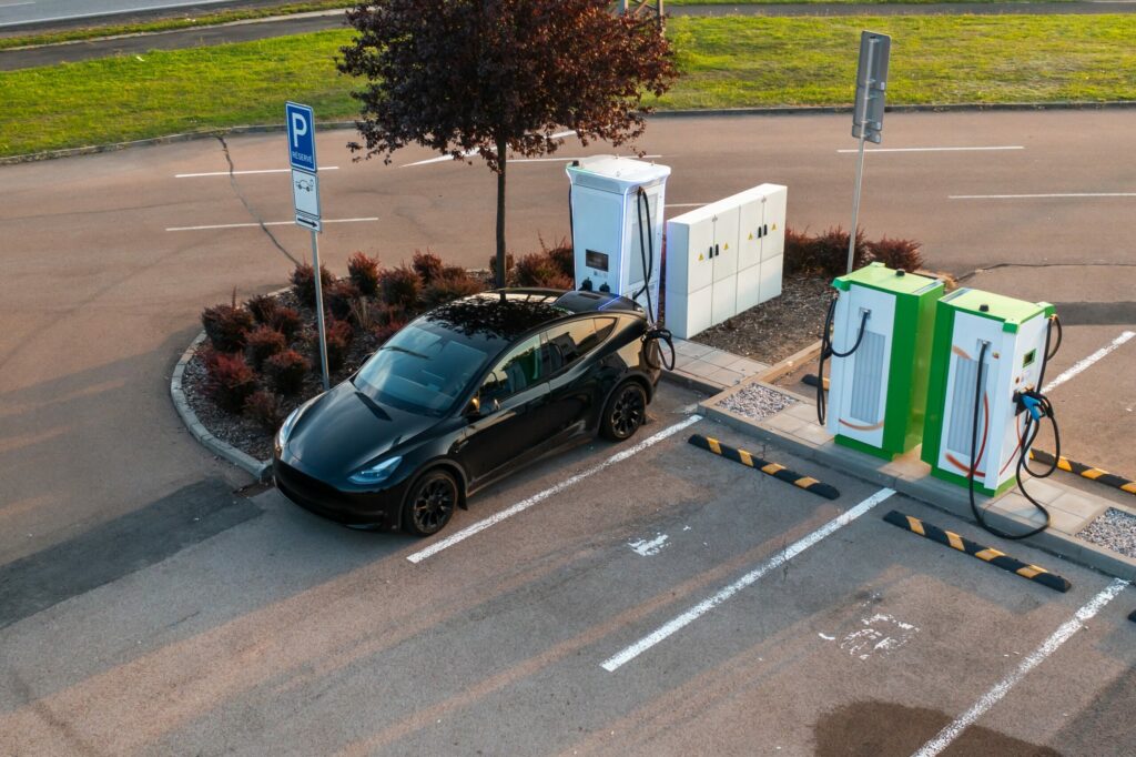 Electric car recharging at a charging point