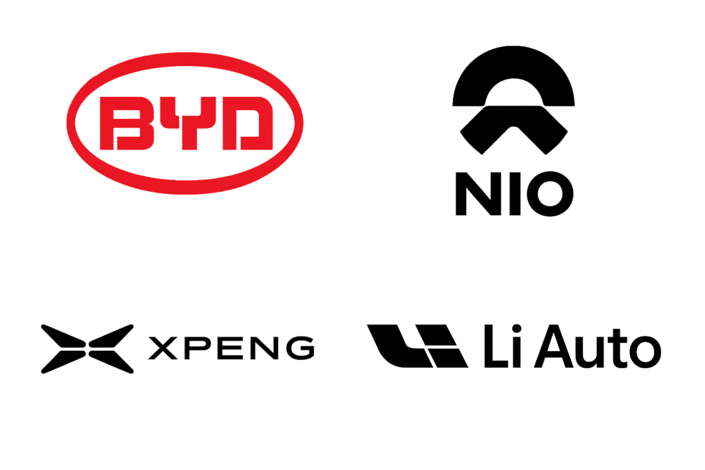 Logos of Chinese electric vehicle manufacturers: BYD, NIO, XPENG and Li Auto.
